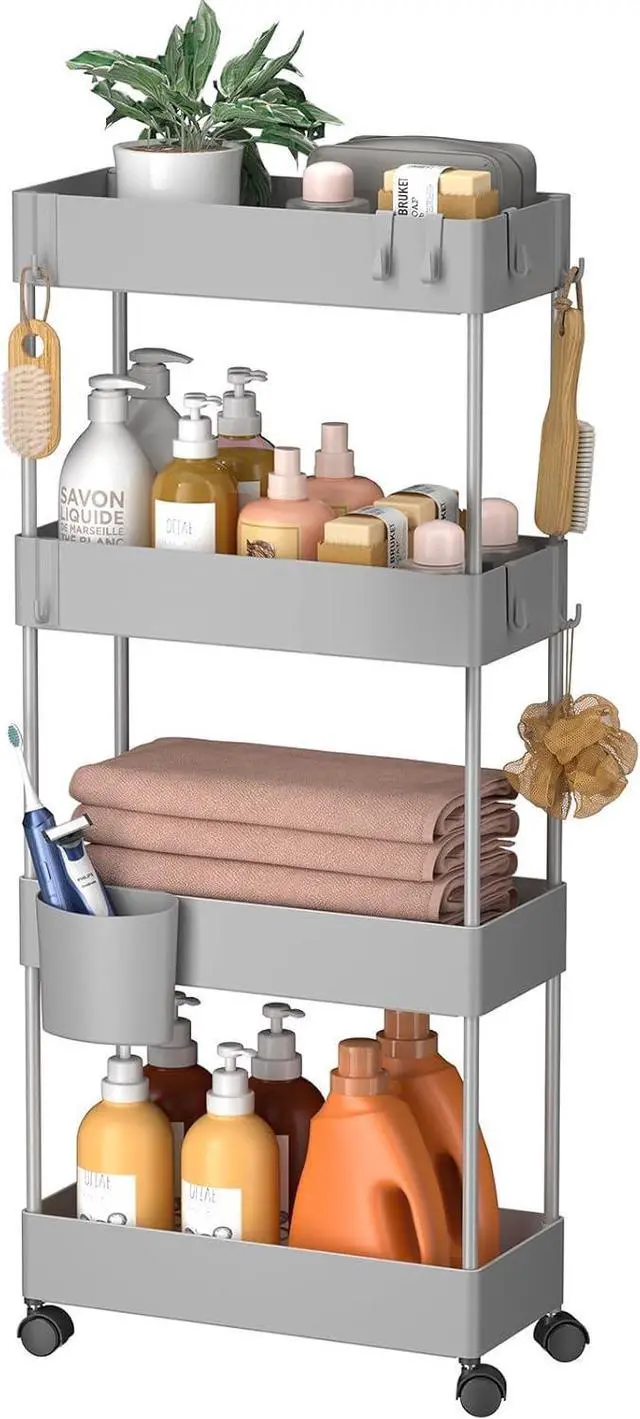 Main image of Pipishell Slim Storage Cart with Wheels, 4 Tier Bathroom Storage Organizer Rolling Utility Cart for Bathroom Kitchen Laundry Room Office Narrow Place (Gray)