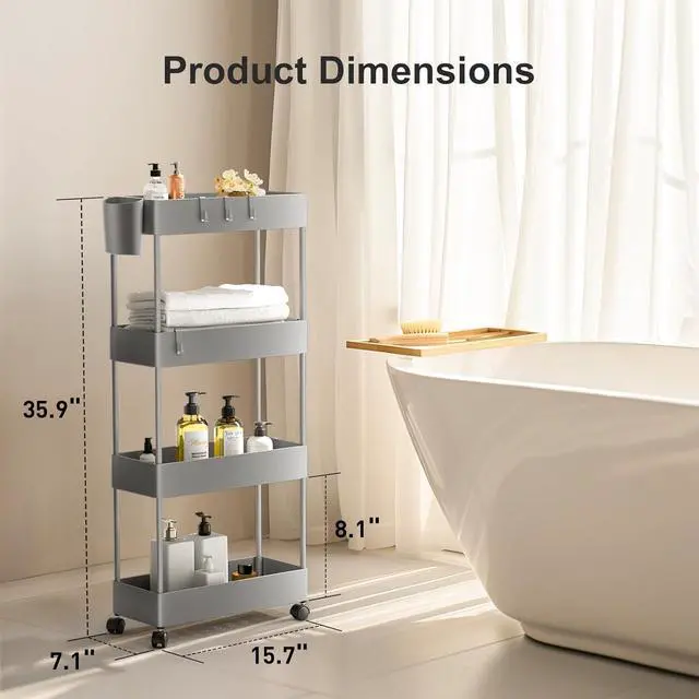 Alt view image 2 of 7 - Pipishell Slim Storage Cart with Wheels, 4 Tier Bathroom Storage Organizer Rolling Utility Cart for Bathroom Kitchen Laundry Room Office Narrow Place (Gray)