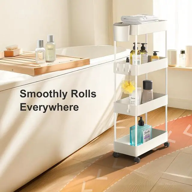 Alt view image 6 of 7 - Pipishell Slim Storage Cart with Wheels, 4 Tier Bathroom Storage Organizer Rolling Utility Cart for Bathroom Kitchen Laundry Room Office Narrow Place (White)