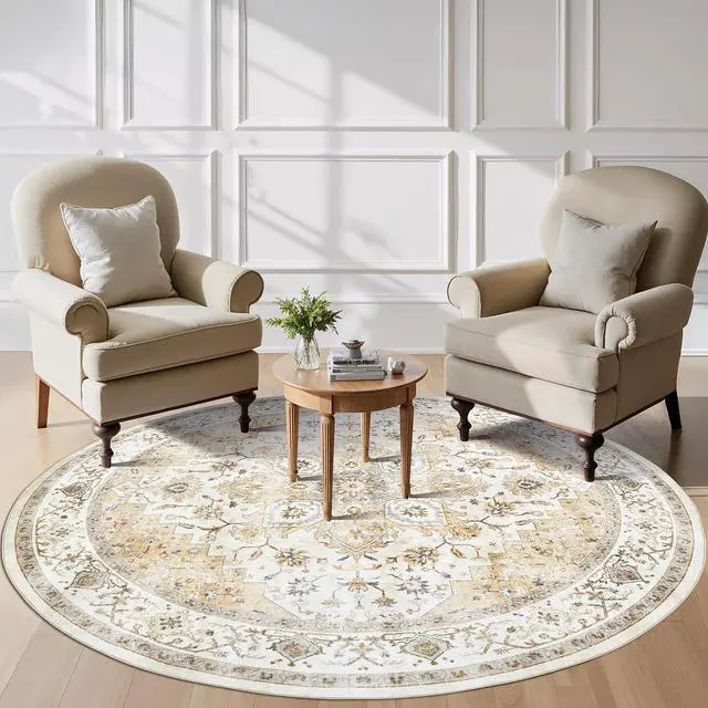 Main image of AMADA HOMEFURNISHING Round 8ft Area Rugs, Low-Profile Washable Rug with Non-Slip Backing & Durable Edge Binding, Vintage Rugs for Living Room, Bedroom, Dinning Room