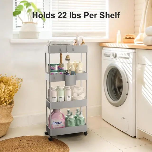 Alt view image 4 of 7 - Pipishell Slim Storage Cart with Wheels, 4 Tier Bathroom Storage Organizer Rolling Utility Cart for Bathroom Kitchen Laundry Room Office Narrow Place (Gray)