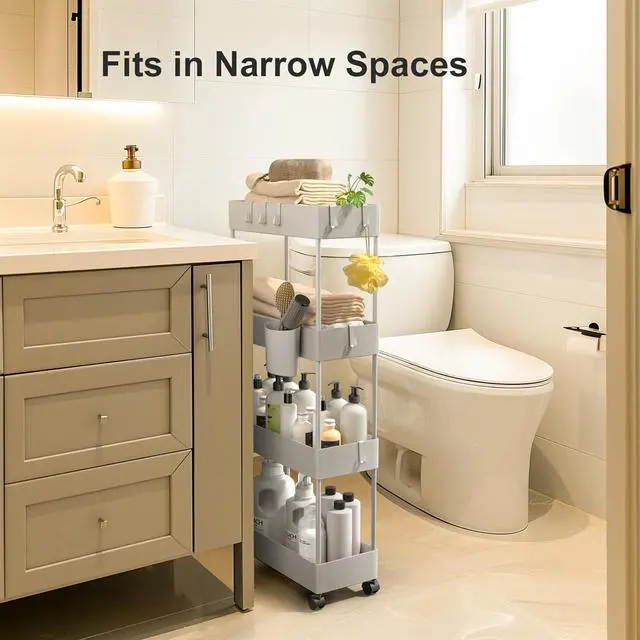 Alt view image 3 of 7 - Pipishell Slim Storage Cart with Wheels, 4 Tier Bathroom Storage Organizer Rolling Utility Cart for Bathroom Kitchen Laundry Room Office Narrow Place (Gray)