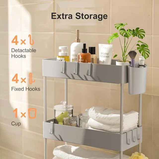 Alt view image 5 of 7 - Pipishell Slim Storage Cart with Wheels, 4 Tier Bathroom Storage Organizer Rolling Utility Cart for Bathroom Kitchen Laundry Room Office Narrow Place (Gray)