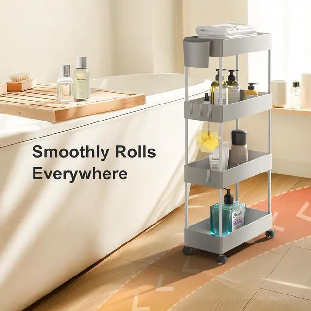 Alt view image 6 of 7 - Pipishell Slim Storage Cart with Wheels, 4 Tier Bathroom Storage Organizer Rolling Utility Cart for Bathroom Kitchen Laundry Room Office Narrow Place (Gray)