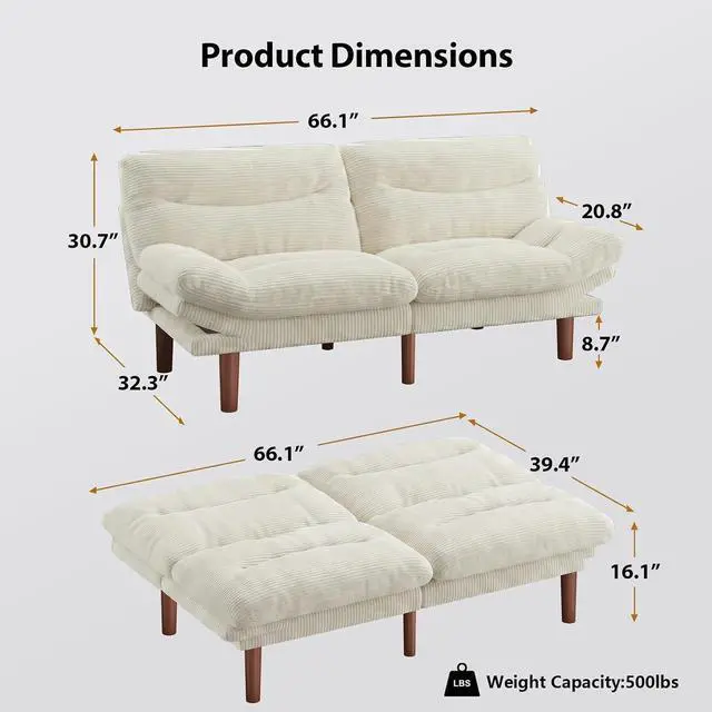 Alt view image 2 of 7 - Pipishell 66" Futon Sofa Bed, Convertible Corduroy Space-Saver Couch with Adjustable Back & Armrests, Recliner Sleeper for Small Apartments, Office, Guest Room (Beige White)
