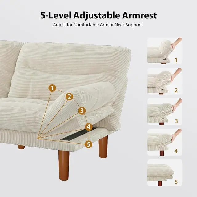 Alt view image 3 of 7 - Pipishell 66" Futon Sofa Bed, Convertible Corduroy Space-Saver Couch with Adjustable Back & Armrests, Recliner Sleeper for Small Apartments, Office, Guest Room (Beige White)