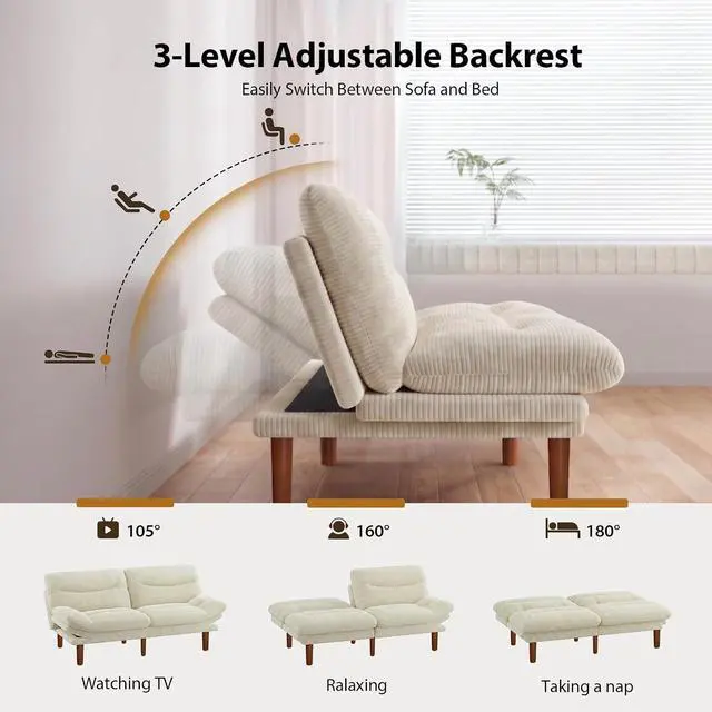 Alt view image 4 of 7 - Pipishell 66" Futon Sofa Bed, Convertible Corduroy Space-Saver Couch with Adjustable Back & Armrests, Recliner Sleeper for Small Apartments, Office, Guest Room (Beige White)