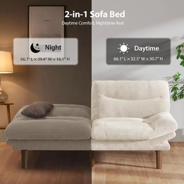 Alt view image 5 of 7 - Pipishell 66" Futon Sofa Bed, Convertible Corduroy Space-Saver Couch with Adjustable Back & Armrests, Recliner Sleeper for Small Apartments, Office, Guest Room (Beige White)