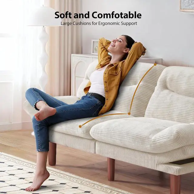 Alt view image 7 of 7 - Pipishell 66" Futon Sofa Bed, Convertible Corduroy Space-Saver Couch with Adjustable Back & Armrests, Recliner Sleeper for Small Apartments, Office, Guest Room (Beige White)