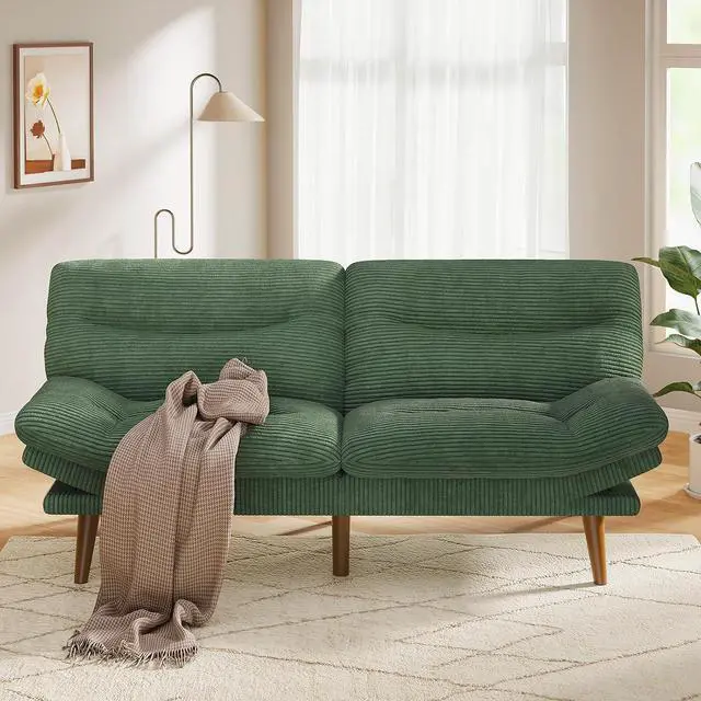 Main image of Pipishell 66" Futon Sofa Bed, Convertible Corduroy Space-Saver Couch with Adjustable Back & Armrests, Recliner Sleeper for Small Apartments, Office, Guest Room (Green)