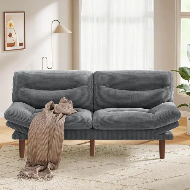 Main image of Pipishell 75" Futon Sofa Bed, Convertible Corduroy Space-Saver Couch with Adjustable Back & Armrests, Recliner Sleeper for Small Apartments, Office, Guest Room (Asphalt Grey)