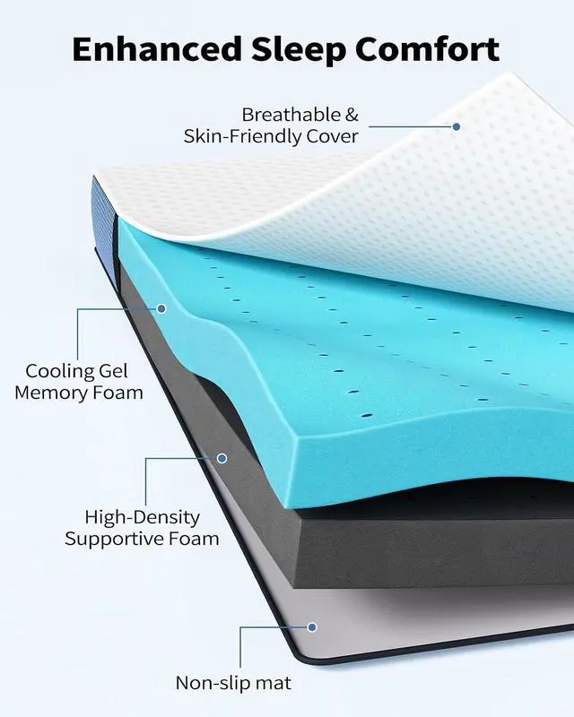 Alt view image 2 of 7 - PERLECARE 4 Inch Firm Mattress Topper Queen, Cooling Gel-Infused & Bamboo Charcoal Memory Foam Bed Topper for Pressure Relief, High-Density Mattress Pad with Removable Cover