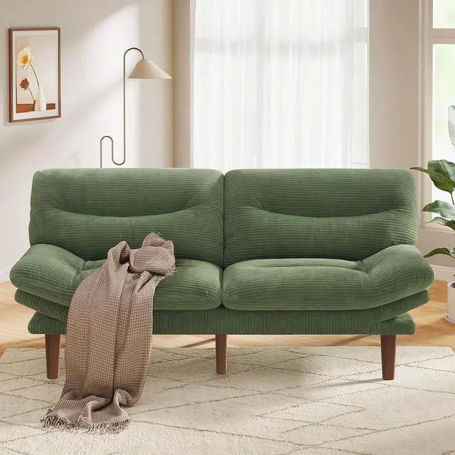 Main image of Pipishell 75" Futon Sofa Bed, Convertible Corduroy Space-Saver Couch with Adjustable Back & Armrests, Recliner Sleeper for Small Apartments, Office, Guest Room (Green)