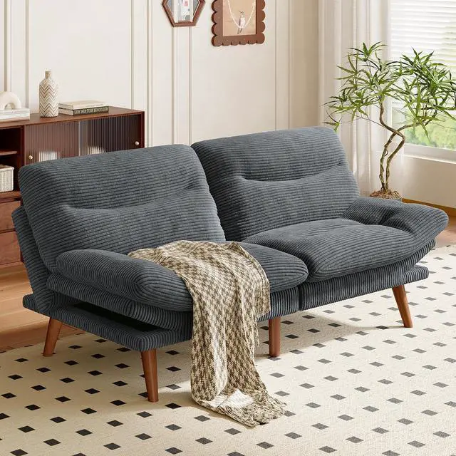 Alt view image 2 of 7 - Amada 75" Convertible Futon Sofa Bed, Corduroy Folding Futon Set with Adjustable Backrest &Armrests, Recliner Lounge for Living Room, Apartment or Office, Solid Wood Frame, Loveseat Sofa -Dark Grey