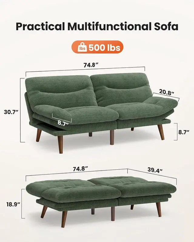 Alt view image 3 of 7 - 75Futon Sofa Bed,3-in-1 Futon Couch w/Adjustable Backrest & Armrests, Convertible Sleeper Sofa Bed, Small Folding Sleeper Recliner w/Removable Cushion for Apartment, Living Room,Office (75in,Green)