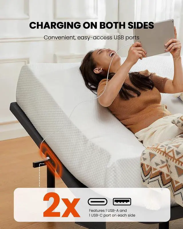 Alt view image 4 of 6 - Amada Full Adjustable Bed Frame with Massage, Head & Foot Incline, Wireless Remote, 4 Built-in USB Ports, LED Night Light, 4 Height-Adjustable Legs, Electric Bed Base, 01B-F1