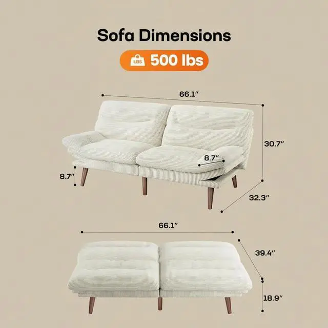 Alt view image 3 of 7 - AMADA 66"Convertible Futon Sofa Bed, Corduroy Folding Futon Set with Adjustable Backrest &Armrests, Recliner Lounge for Living Room, Apartment or Office, Solid Wood Frame, Loveseat Sofa - Beige White