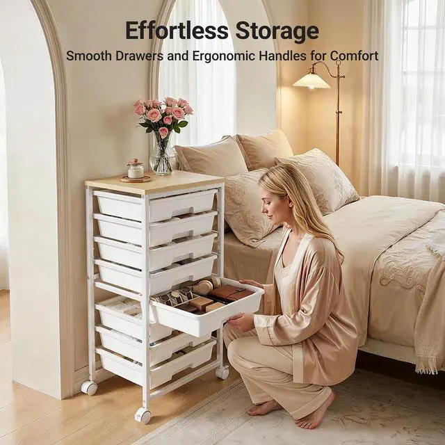 Alt view image 2 of 7 - Pipishell Rolling Cart with 8 Drawers, Rolling Storage Drawer Cart with Lockable Wheels & Wood Tabletop, Craft Organizers and Storage for Craft Room, Classroom, Home Office, Kids Room, Classic White
