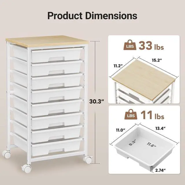 Alt view image 4 of 7 - Pipishell Rolling Cart with 8 Drawers, Rolling Storage Drawer Cart with Lockable Wheels & Wood Tabletop, Craft Organizers and Storage for Craft Room, Classroom, Home Office, Kids Room, Classic White