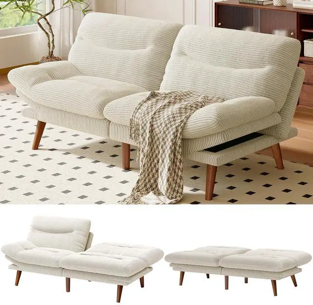 Main image of AMADA 66"Convertible Futon Sofa Bed, Corduroy Folding Futon Set with Adjustable Backrest &Armrests, Recliner Lounge for Living Room, Apartment or Office, Solid Wood Frame, Loveseat Sofa - Beige White