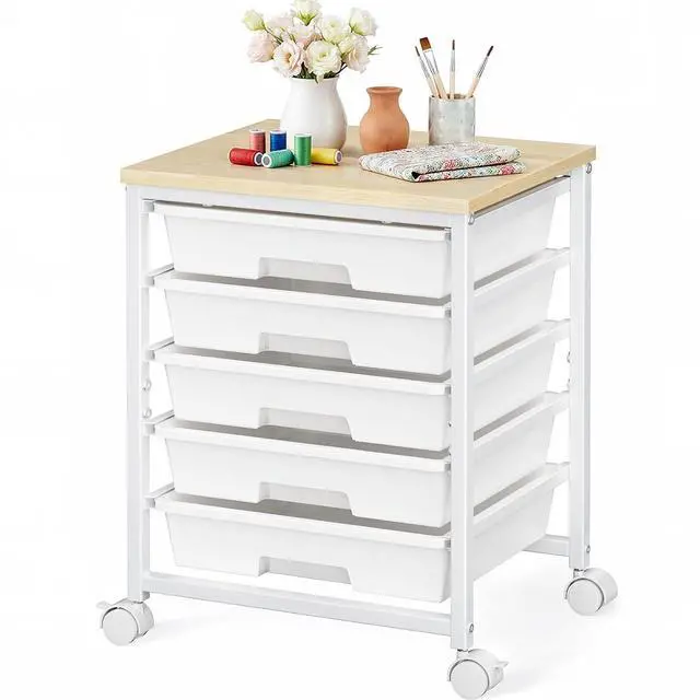 Main image of Pipishell Rolling Cart with 5 Drawers, Rolling Storage Drawer Cart with Lockable Wheels & Wood Tabletop, Craft Organizers and Storage for Craft Room, Classroom, Home Office, Kids Room, Classic White