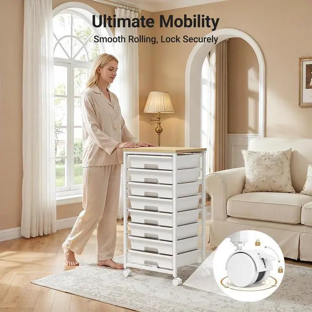 Alt view image 7 of 7 - Pipishell Rolling Cart with 8 Drawers, Rolling Storage Drawer Cart with Lockable Wheels & Wood Tabletop, Craft Organizers and Storage for Craft Room, Classroom, Home Office, Kids Room, Classic White