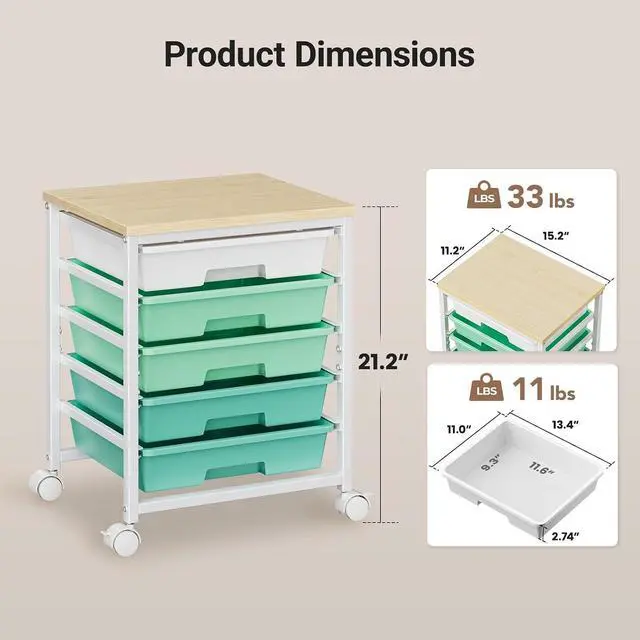 Alt view image 3 of 7 - Pipishell Rolling Cart with 8 Drawers, Rolling Storage Drawer Cart with Lockable Wheels & Wood Tabletop, Craft Organizers and Storage for Craft Room, Classroom, Home Office, Kids Room, Green Gradient