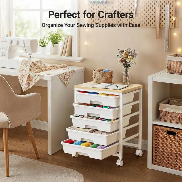 Alt view image 6 of 7 - Pipishell Rolling Cart with 5 Drawers, Rolling Storage Drawer Cart with Lockable Wheels & Wood Tabletop, Craft Organizers and Storage for Craft Room, Classroom, Home Office, Kids Room, Classic White