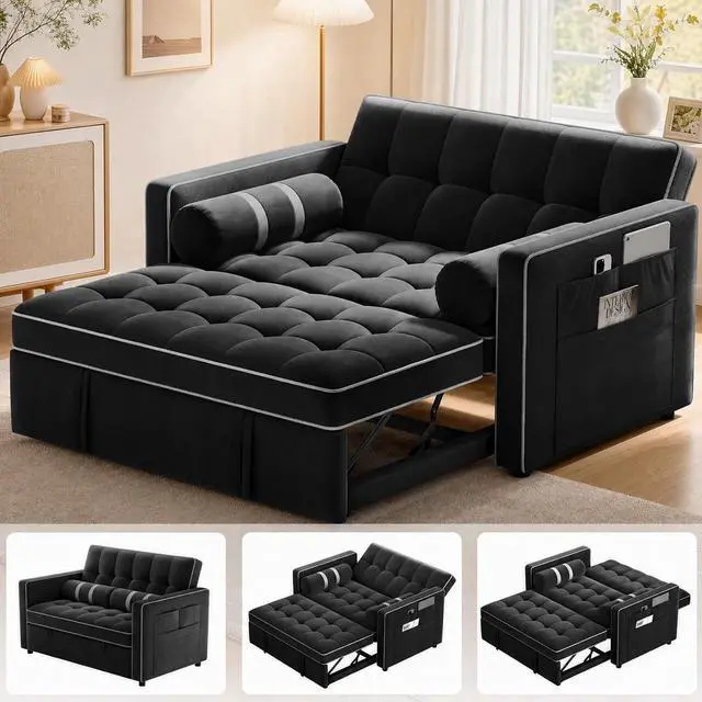 Main image of Pipishell 3 in 1 Sleeper Sofa Bed, Pull Out Couch for Living Room with USB Ports & Side Pockets, Adjustable Backrest, Convertible Loveseat Sofa Bed, Futon Couches, Charcoal Black Velvet