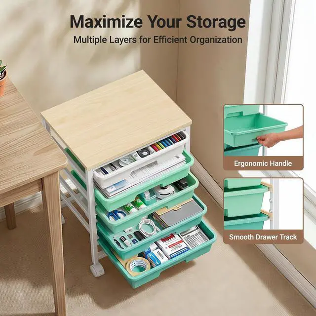 Alt view image 6 of 7 - Pipishell Rolling Cart with 8 Drawers, Rolling Storage Drawer Cart with Lockable Wheels & Wood Tabletop, Craft Organizers and Storage for Craft Room, Classroom, Home Office, Kids Room, Green Gradient