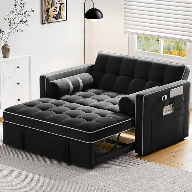 Alt view image 2 of 7 - Pipishell 3 in 1 Sleeper Sofa Bed, Pull Out Couch for Living Room with USB Ports & Side Pockets, Adjustable Backrest, Convertible Loveseat Sofa Bed, Futon Couches, Charcoal Black Velvet