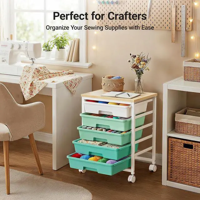 Alt view image 4 of 7 - Pipishell Rolling Cart with 8 Drawers, Rolling Storage Drawer Cart with Lockable Wheels & Wood Tabletop, Craft Organizers and Storage for Craft Room, Classroom, Home Office, Kids Room, Green Gradient