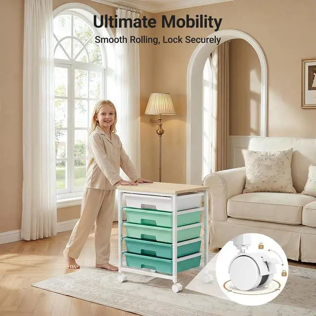 Alt view image 7 of 7 - Pipishell Rolling Cart with 8 Drawers, Rolling Storage Drawer Cart with Lockable Wheels & Wood Tabletop, Craft Organizers and Storage for Craft Room, Classroom, Home Office, Kids Room, Green Gradient