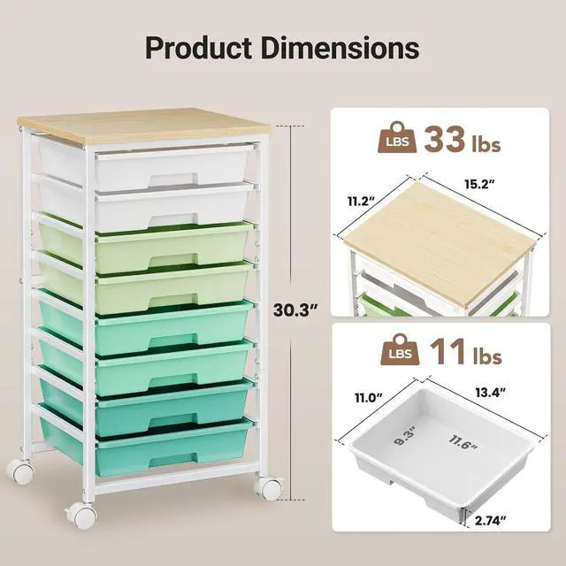 Alt view image 3 of 7 - Pipishell Rolling Cart with 8 Drawers, Rolling Storage Drawer Cart with Lockable Wheels & Wood Tabletop, Craft Organizers and Storage for Craft Room, Classroom, Home Office, Kids Room, Green Gradient