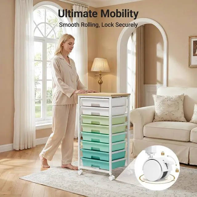Alt view image 7 of 7 - Pipishell Rolling Cart with 8 Drawers, Rolling Storage Drawer Cart with Lockable Wheels & Wood Tabletop, Craft Organizers and Storage for Craft Room, Classroom, Home Office, Kids Room, Green Gradient