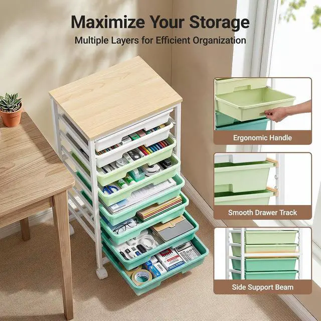 Alt view image 4 of 7 - Pipishell Rolling Cart with 8 Drawers, Rolling Storage Drawer Cart with Lockable Wheels & Wood Tabletop, Craft Organizers and Storage for Craft Room, Classroom, Home Office, Kids Room, Green Gradient