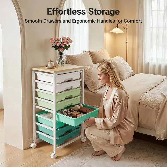 Alt view image 2 of 7 - Pipishell Rolling Cart with 8 Drawers, Rolling Storage Drawer Cart with Lockable Wheels & Wood Tabletop, Craft Organizers and Storage for Craft Room, Classroom, Home Office, Kids Room, Green Gradient