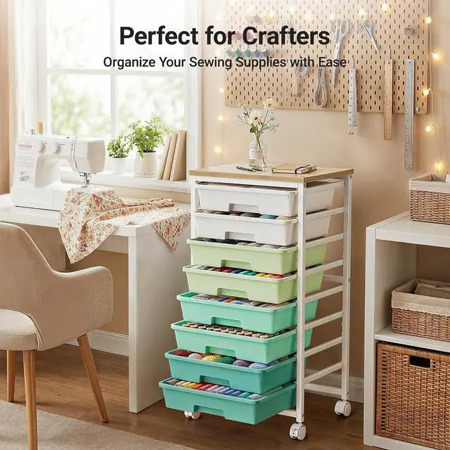 Alt view image 5 of 7 - Pipishell Rolling Cart with 8 Drawers, Rolling Storage Drawer Cart with Lockable Wheels & Wood Tabletop, Craft Organizers and Storage for Craft Room, Classroom, Home Office, Kids Room, Green Gradient