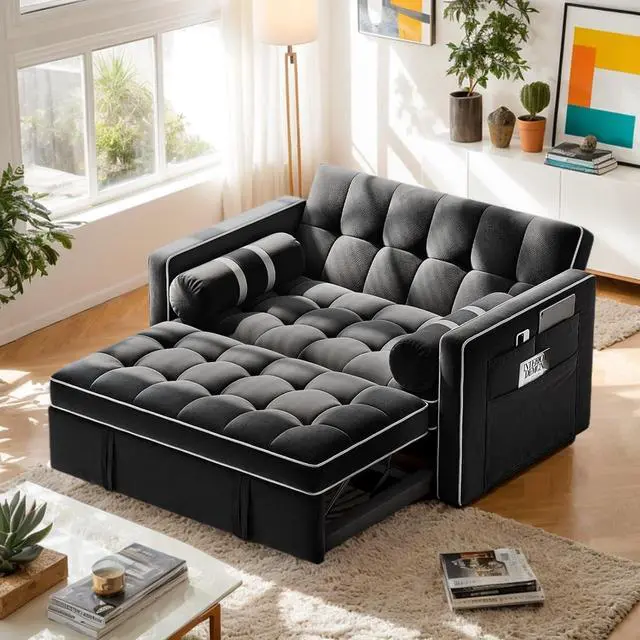 Main image of Pipishell Convertible Loveseat Sleeper Sofa Bed, 3 in 1 Pull Out Couch with USB & Type-C Charging Ports, Adjustable Backrest, Dual Side Pockets, Velvet Futon Sofa for Apartment, Living Room, Black