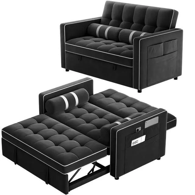 Alt view image 3 of 7 - Pipishell Convertible Loveseat Sleeper Sofa Bed, 3 in 1 Pull Out Couch with USB & Type-C Charging Ports, Adjustable Backrest, Dual Side Pockets, Velvet Futon Sofa for Apartment, Living Room, Black
