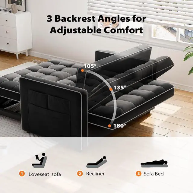 Alt view image 4 of 7 - Pipishell Convertible Loveseat Sleeper Sofa Bed, 3 in 1 Pull Out Couch with USB & Type-C Charging Ports, Adjustable Backrest, Dual Side Pockets, Velvet Futon Sofa for Apartment, Living Room, Black