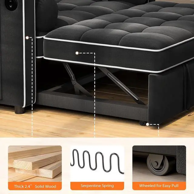 Alt view image 6 of 7 - Pipishell Convertible Loveseat Sleeper Sofa Bed, 3 in 1 Pull Out Couch with USB & Type-C Charging Ports, Adjustable Backrest, Dual Side Pockets, Velvet Futon Sofa for Apartment, Living Room, Black
