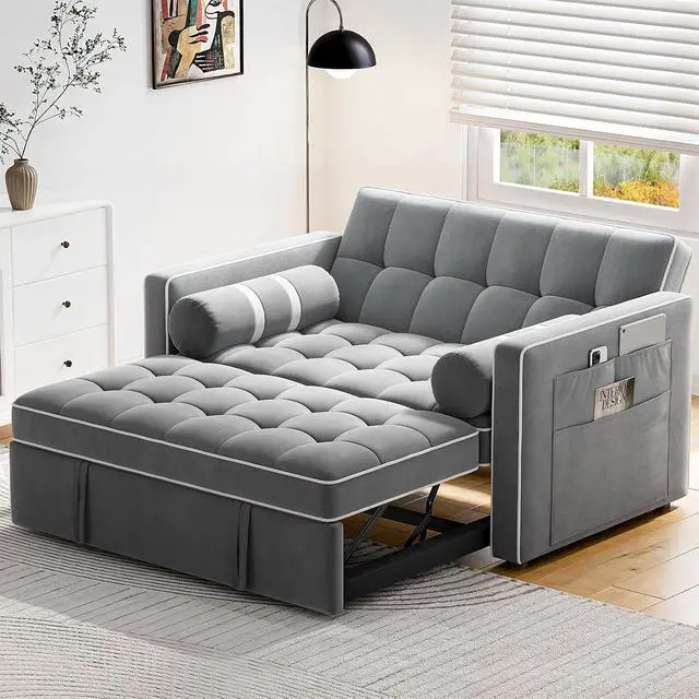 Alt view image 2 of 7 - Pipishell 3 in 1 Sleeper Sofa Bed, Pull Out Couch with USB & Type-C Ports, Deep Seat Convertible Loveseat Sofa, Adjustable Backrest, Dual Side Pockets, Velvet Futon Couch for Living Room, Apartment