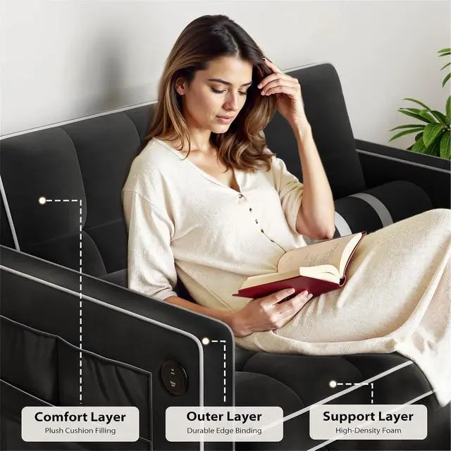 Alt view image 7 of 7 - Pipishell Convertible Loveseat Sleeper Sofa Bed, 3 in 1 Pull Out Couch with USB & Type-C Charging Ports, Adjustable Backrest, Dual Side Pockets, Velvet Futon Sofa for Apartment, Living Room, Black