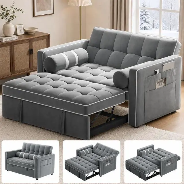 Main image of Pipishell 3 in 1 Sleeper Sofa Bed, Pull Out Couch with USB & Type-C Ports, Deep Seat Convertible Loveseat Sofa, Adjustable Backrest, Dual Side Pockets, Velvet Futon Couch for Living Room, Apartment