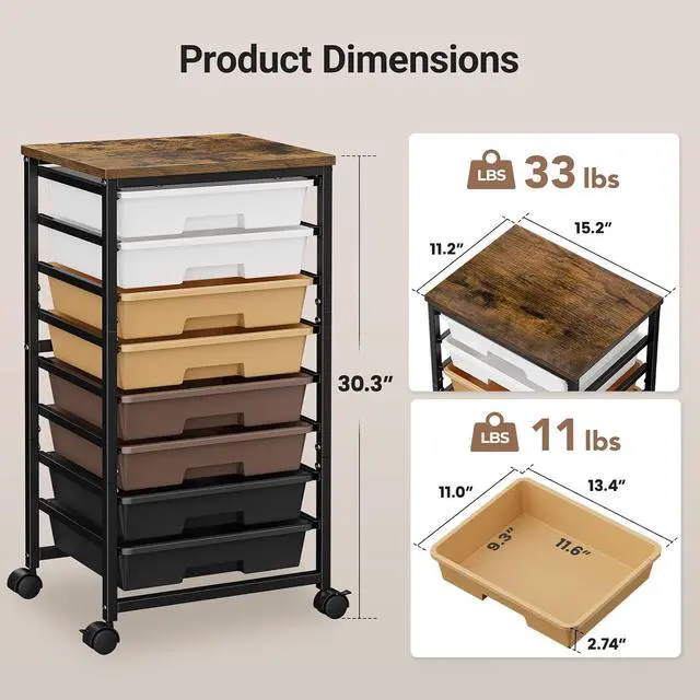 Alt view image 4 of 7 - Pipishell Rolling Cart with 8 Drawers, Rolling Storage Drawer Cart with Lockable Wheels & Wood Tabletop, Craft Organizers and Storage for Craft Room, Classroom, Home Office, Kids Room, Khaki Gradient