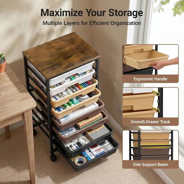 Alt view image 3 of 7 - Pipishell Rolling Cart with 8 Drawers, Rolling Storage Drawer Cart with Lockable Wheels & Wood Tabletop, Craft Organizers and Storage for Craft Room, Classroom, Home Office, Kids Room, Khaki Gradient