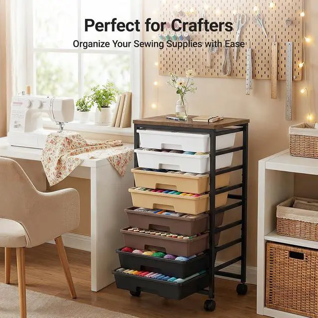 Alt view image 6 of 7 - Pipishell Rolling Cart with 8 Drawers, Rolling Storage Drawer Cart with Lockable Wheels & Wood Tabletop, Craft Organizers and Storage for Craft Room, Classroom, Home Office, Kids Room, Khaki Gradient