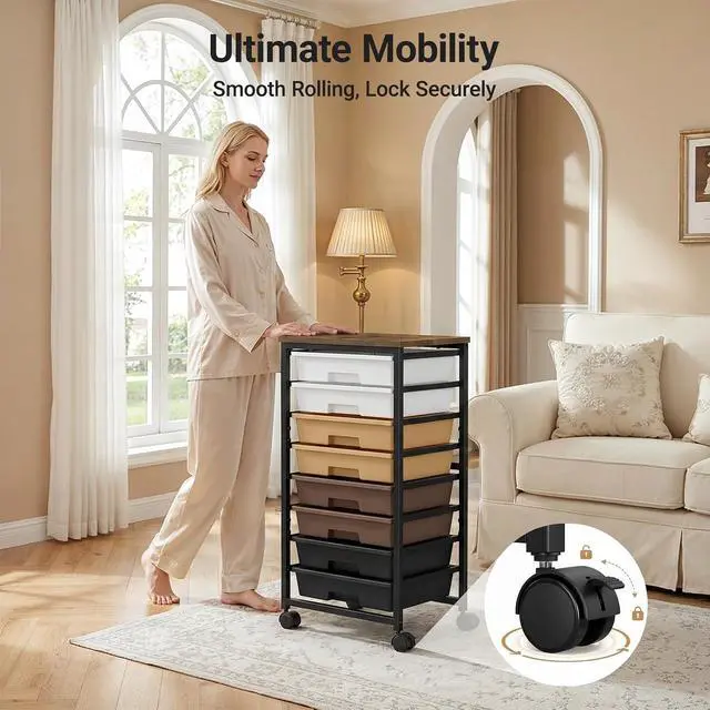 Alt view image 7 of 7 - Pipishell Rolling Cart with 8 Drawers, Rolling Storage Drawer Cart with Lockable Wheels & Wood Tabletop, Craft Organizers and Storage for Craft Room, Classroom, Home Office, Kids Room, Khaki Gradient
