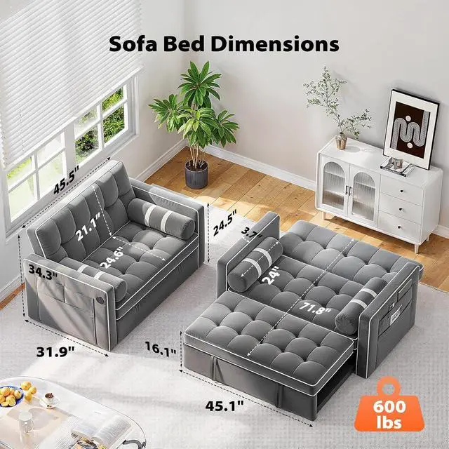 Alt view image 5 of 7 - Pipishell 3 in 1 Sleeper Sofa Bed, Pull Out Couch with USB & Type-C Ports, Deep Seat Convertible Loveseat Sofa, Adjustable Backrest, Dual Side Pockets, Velvet Futon Couch for Living Room, Apartment